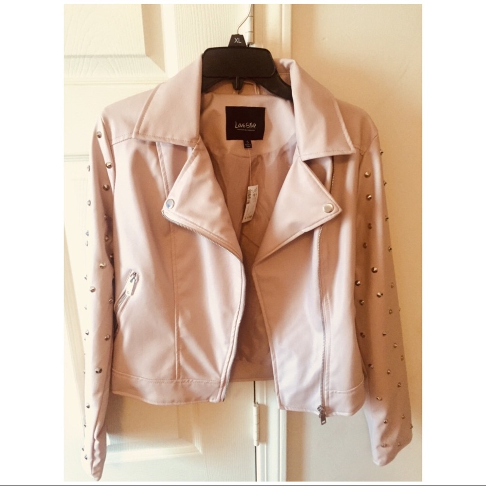 👄 LAST 1 FAUX LEATHER BLUSH  PINK STUDDED JACKET - Picture 3 of 7